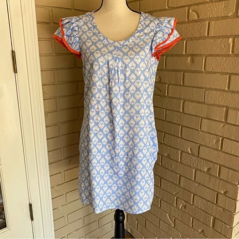 Persifor blue Abstract Cotton flutter sleeve shift dress S preppy Resort beachy